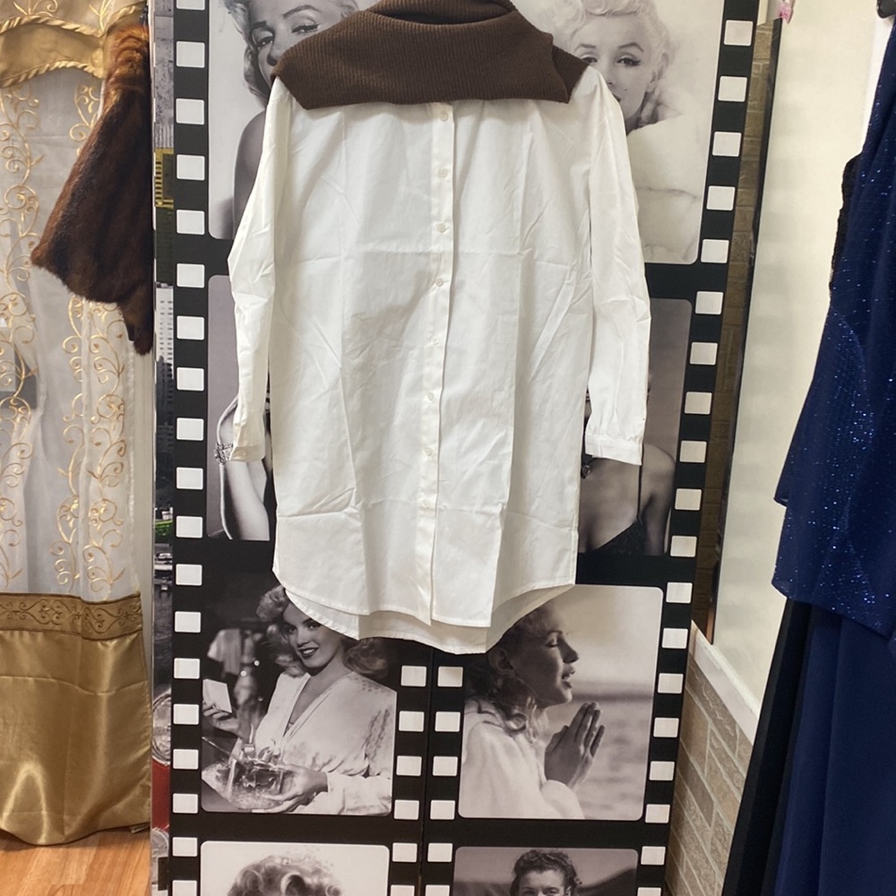 Hi-Low Brown Sweater Dress With White Shirt - Picture 5 of 10